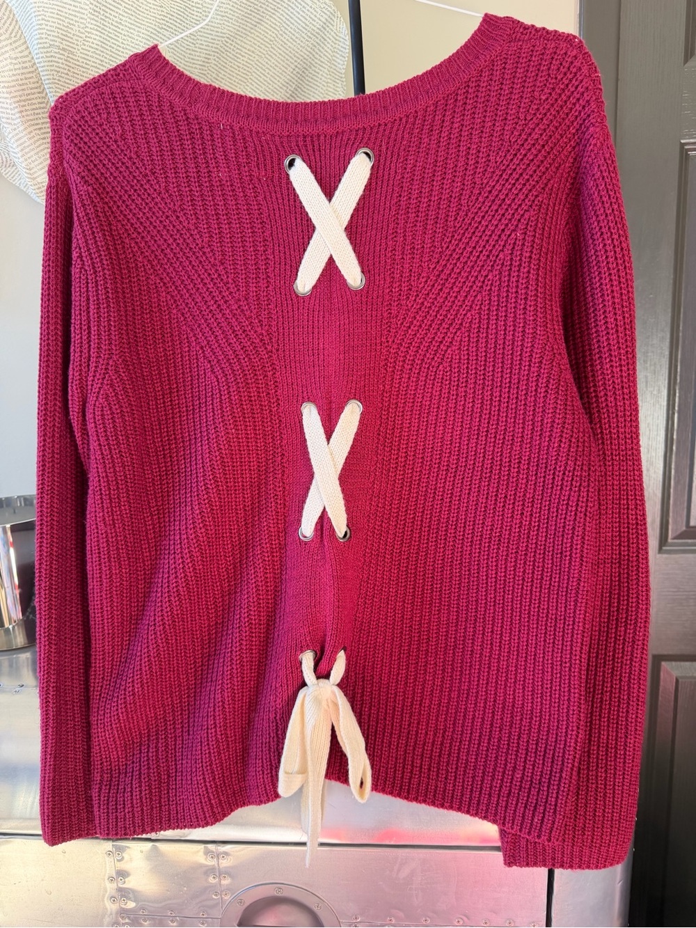 Round Neck Burgundy Knit Sweater with Back Lace Detail